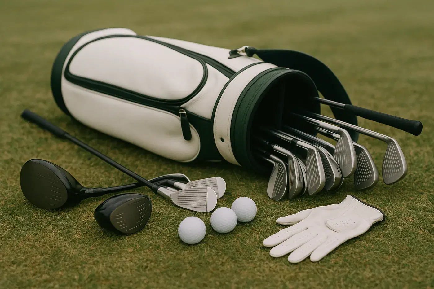 A golf bag on the fairway, with clubs, balls and a glove.